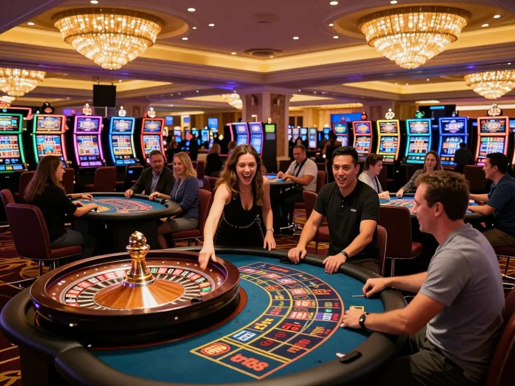 Players engaged at roulette table with 'tr88' action, vibrant casino atmosphere.