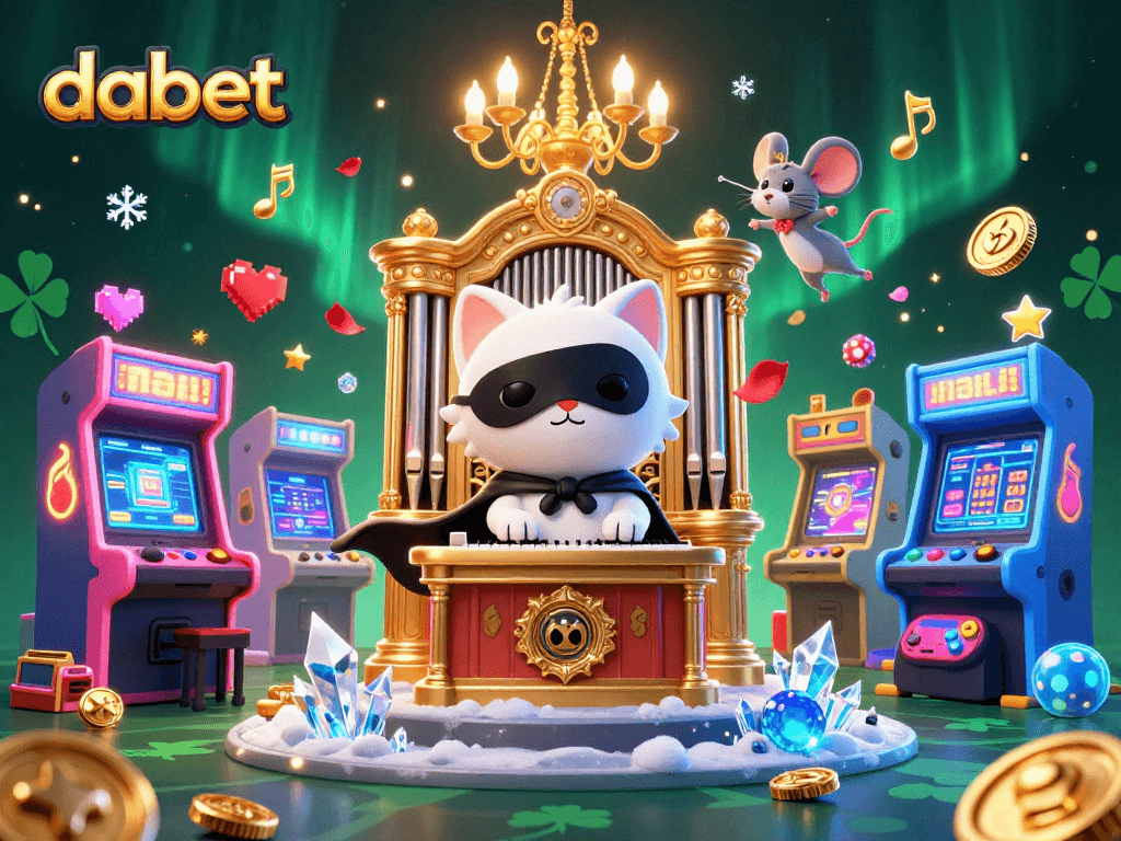 Engage with dabet's vibrant casino scene featuring a whimsical cat and mouse amidst arcade games.