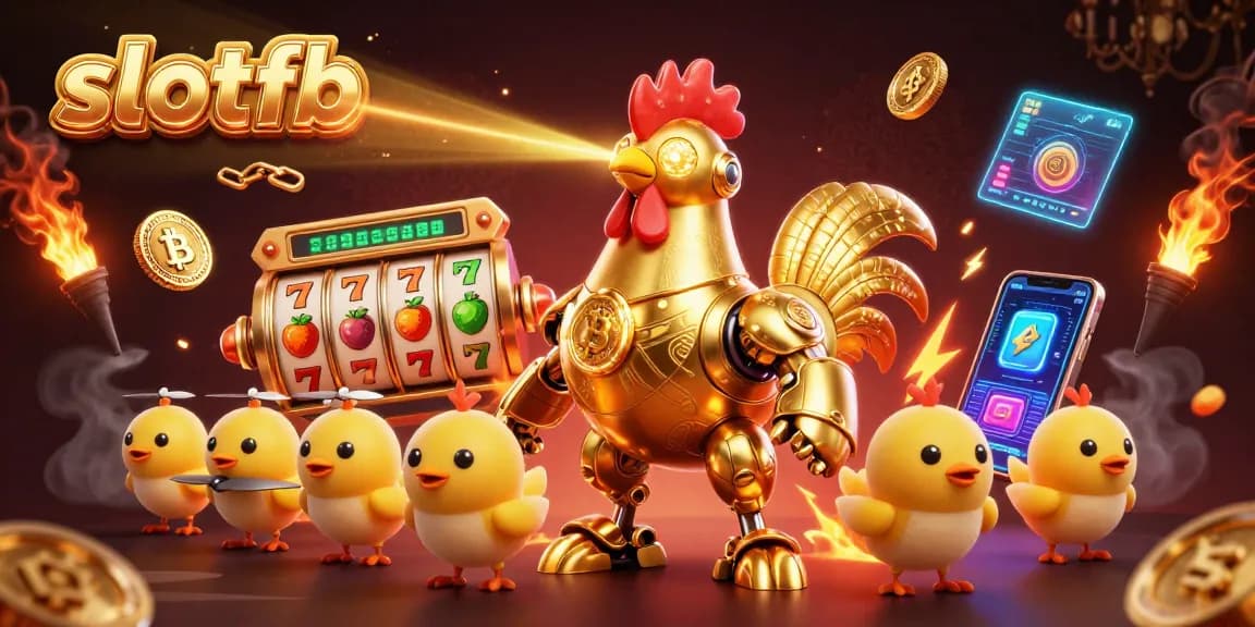 Slotfb memperlihatkan robot ayam emas futuristik dengan simbol permainan slot dan elemen crypto yang bersinar.