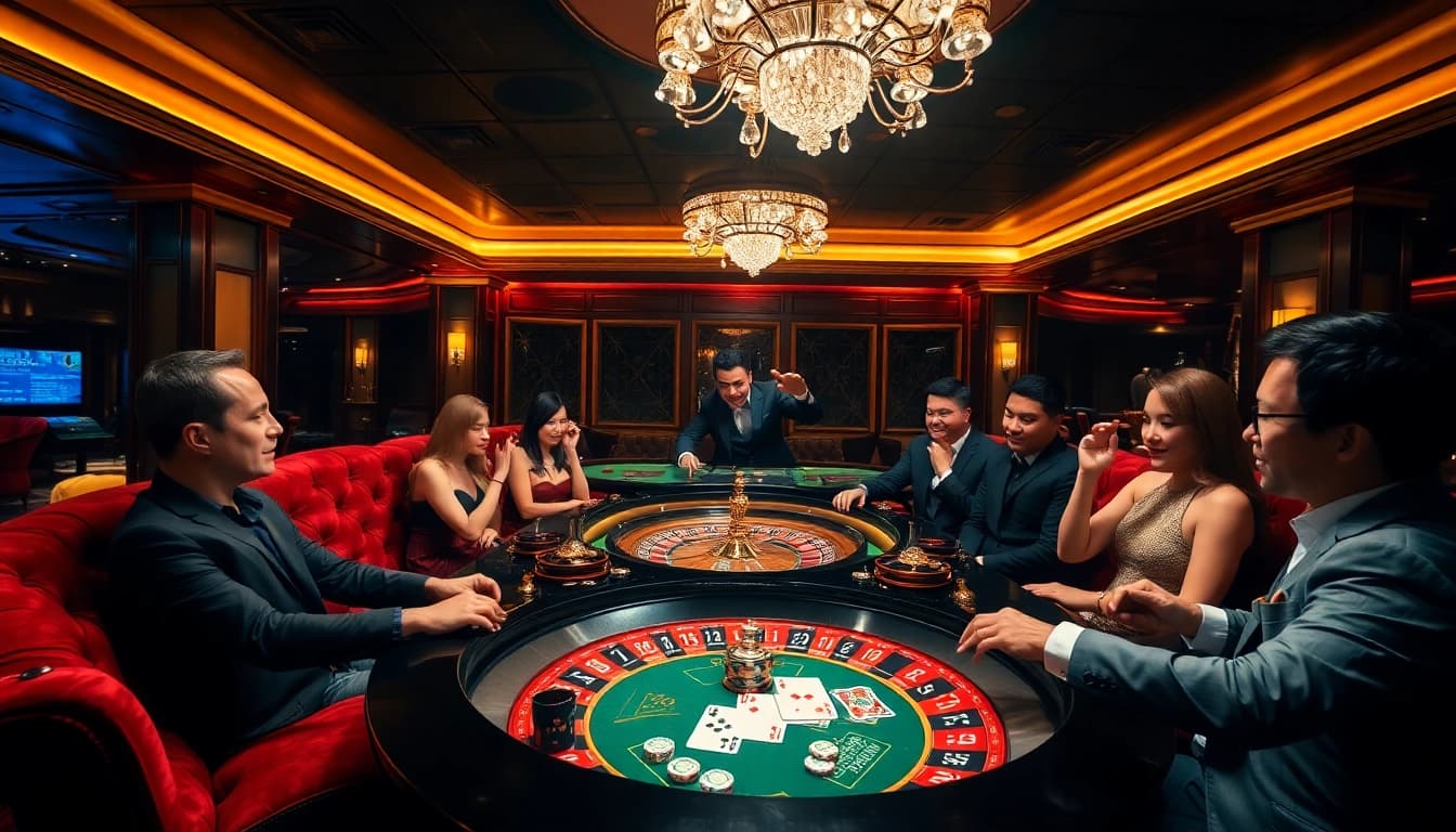 Experience the excitement of gambling at HDBET with a vibrant roulette table scene featuring eager players and polished poker chips.