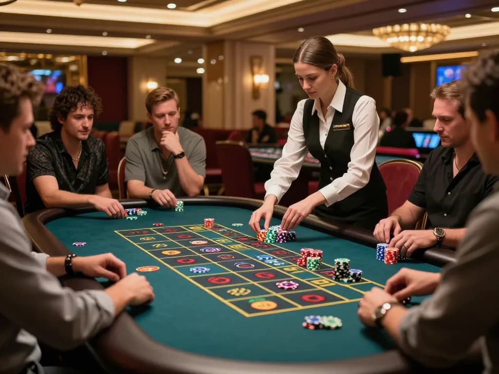 Players engaging in lively roulette game at LV88 casino, displaying excitement and vibrant atmosphere.