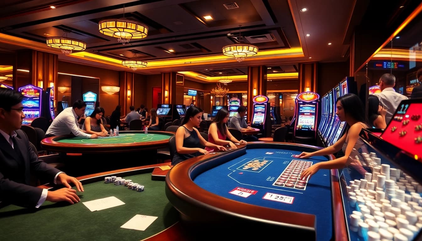 Exciting online gambling experience at https://f168.vision/ showcasing casino tables, players, and vibrant slot machines.