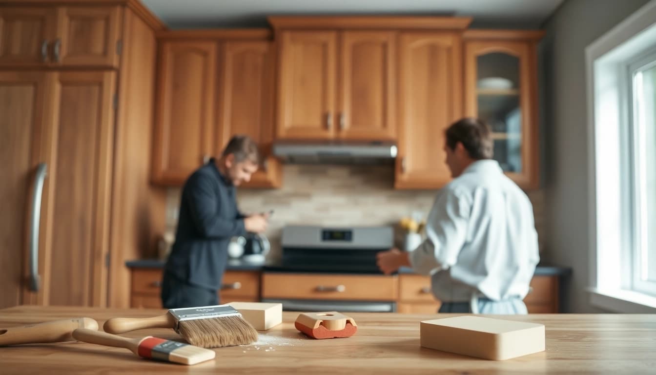 Cabinet Refacing Saint Petersburg FL: Skilled artisans refining wooden cabinets in a bright, welcoming kitchen.