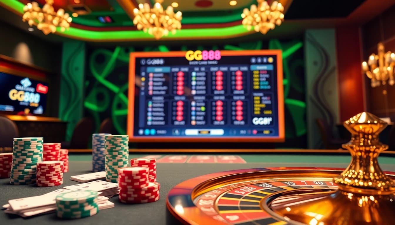 Experience the thrill of online gambling at https://gg88.cn.com/ with vibrant casino games featuring poker chips and a roulette wheel.