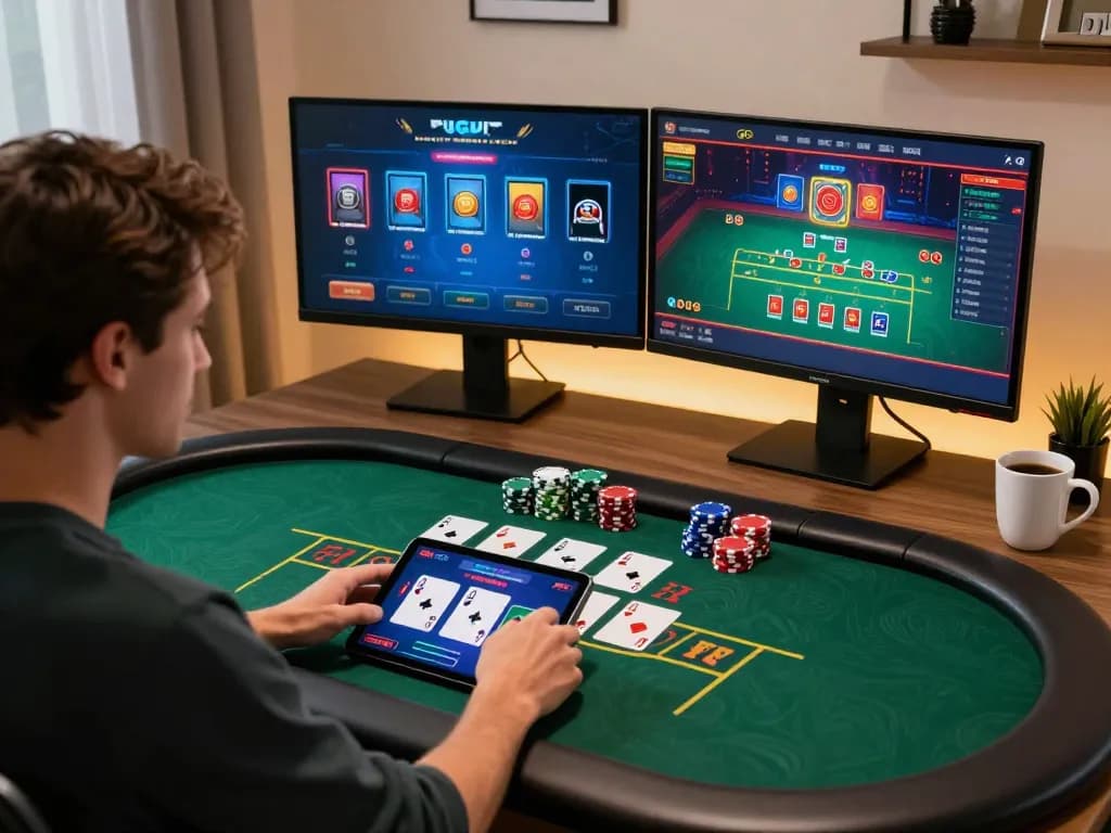 Player enjoying KJC gaming on tablet in modern home office atmosphere with focused engagement