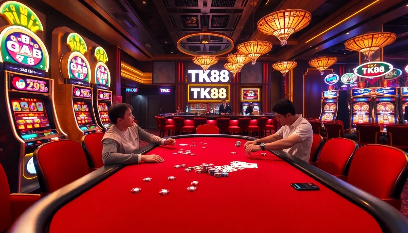 Intense poker players engage at a TK88 branded luxury casino table with vibrant slot machines.