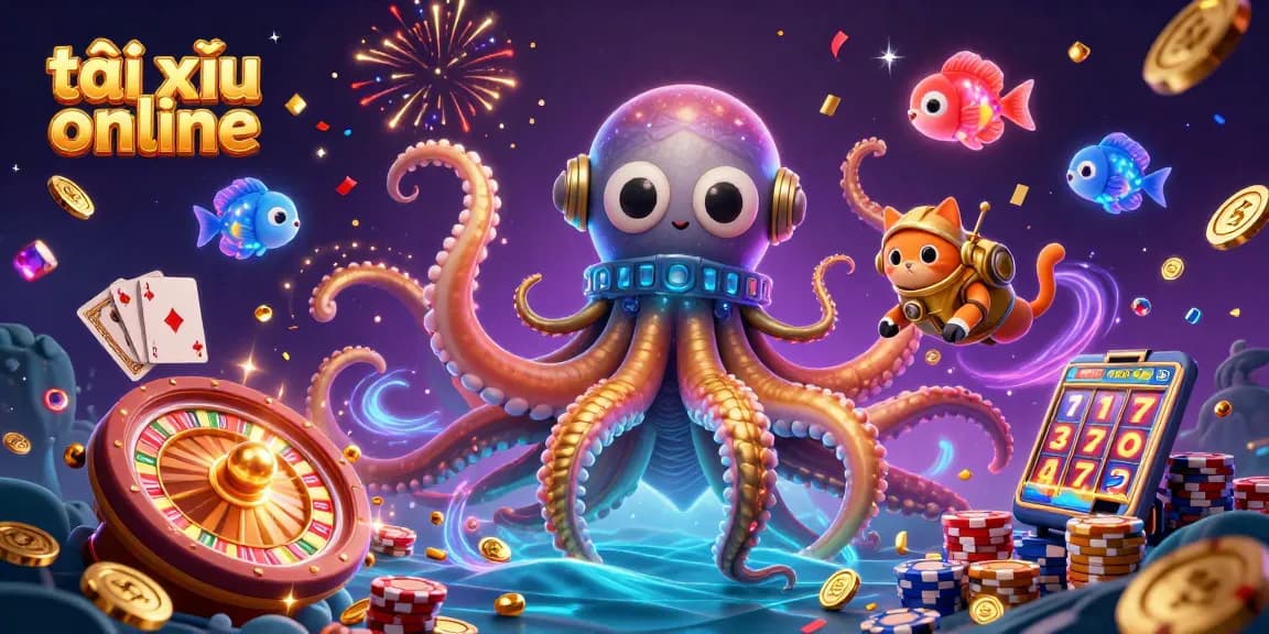 Immerse yourself in tài xỉu online with a vibrant 3D casino scene featuring a kraken and diving cat amidst golden treasures.