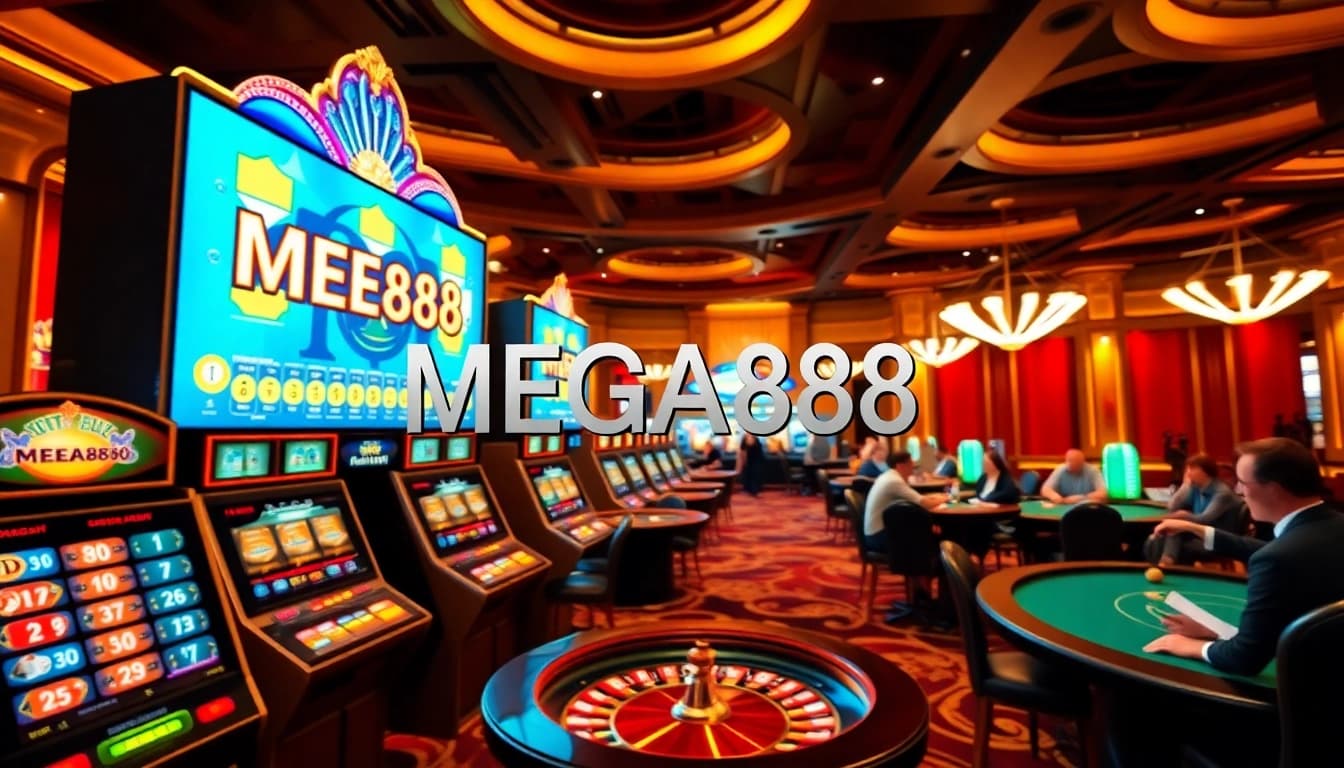 Engaging scene of MEGA888 online games with vibrant slot machines and casino tables.