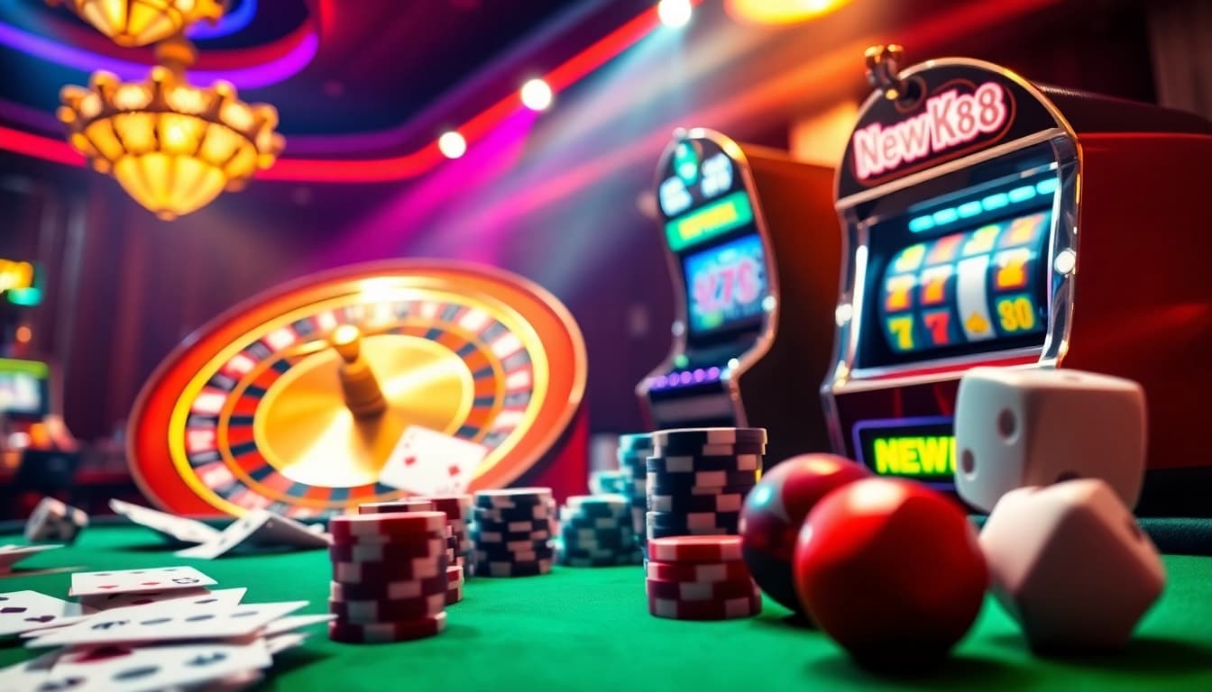 Exciting gaming scene featuring NEW88 brand elements with bright casino games, poker chips, and a roulette wheel.