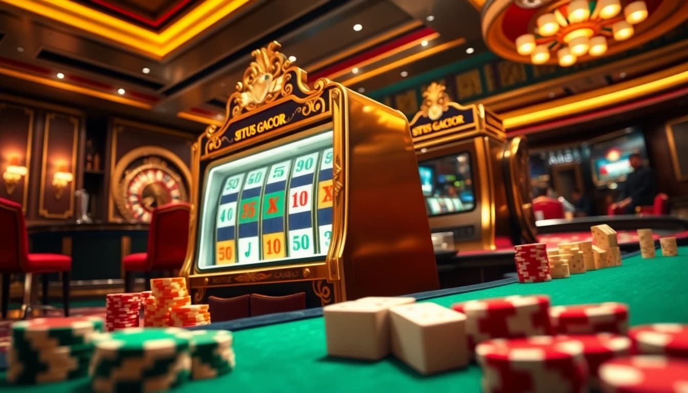 Situs Gacor exciting slot machine surrounded by poker chips in a vibrant casino scene.