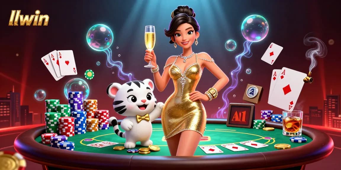 Play exciting casino games with llwin as a glamorous woman and lucky tiger cub celebrate winnings.