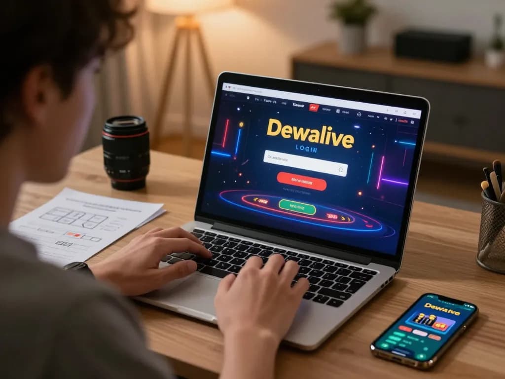 Dewalive Login interface displayed on a laptop during a focused online casino session, showcasing vibrant gameplay.