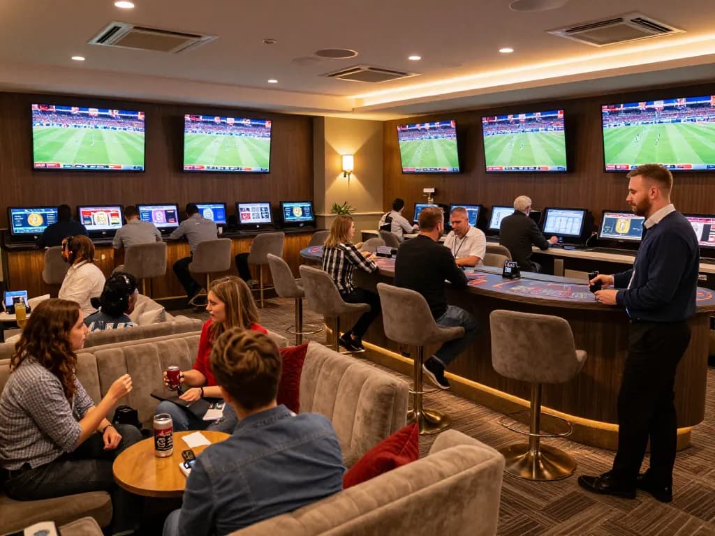 Fans strategically engaging in sports betting while checking ty le keo nha cai on screens in a lively lounge.