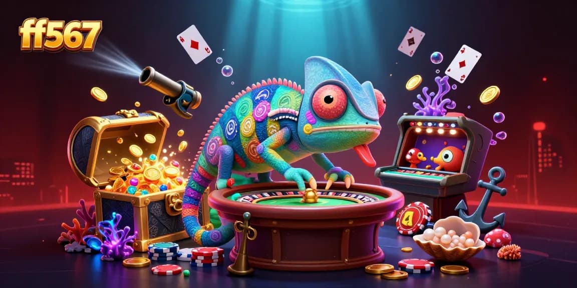 ff567 oferece uma experiência visual vibrante com o camaleão do cassino e elementos de jogos de azar.