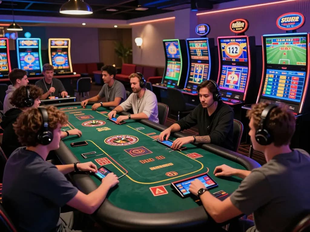 Dynamic gaming atmosphere at BL555 with players enjoying casino games and sports betting.