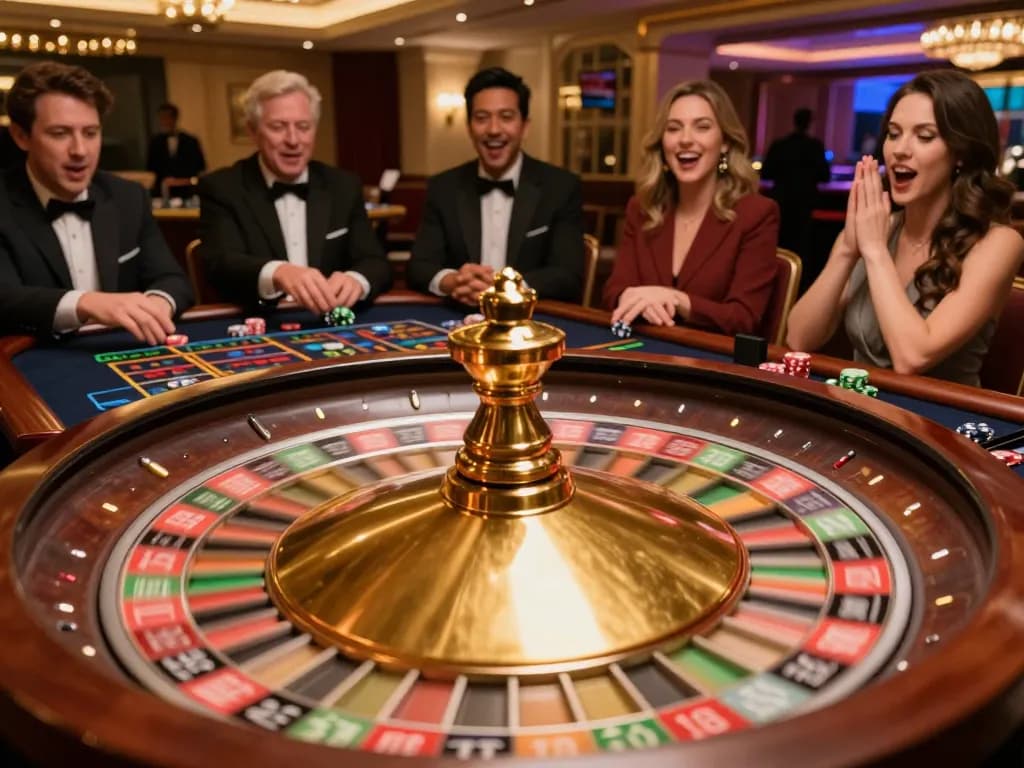 Watch players engage in thrilling roulette action at Luck8 casino, illuminated by elegant lighting.