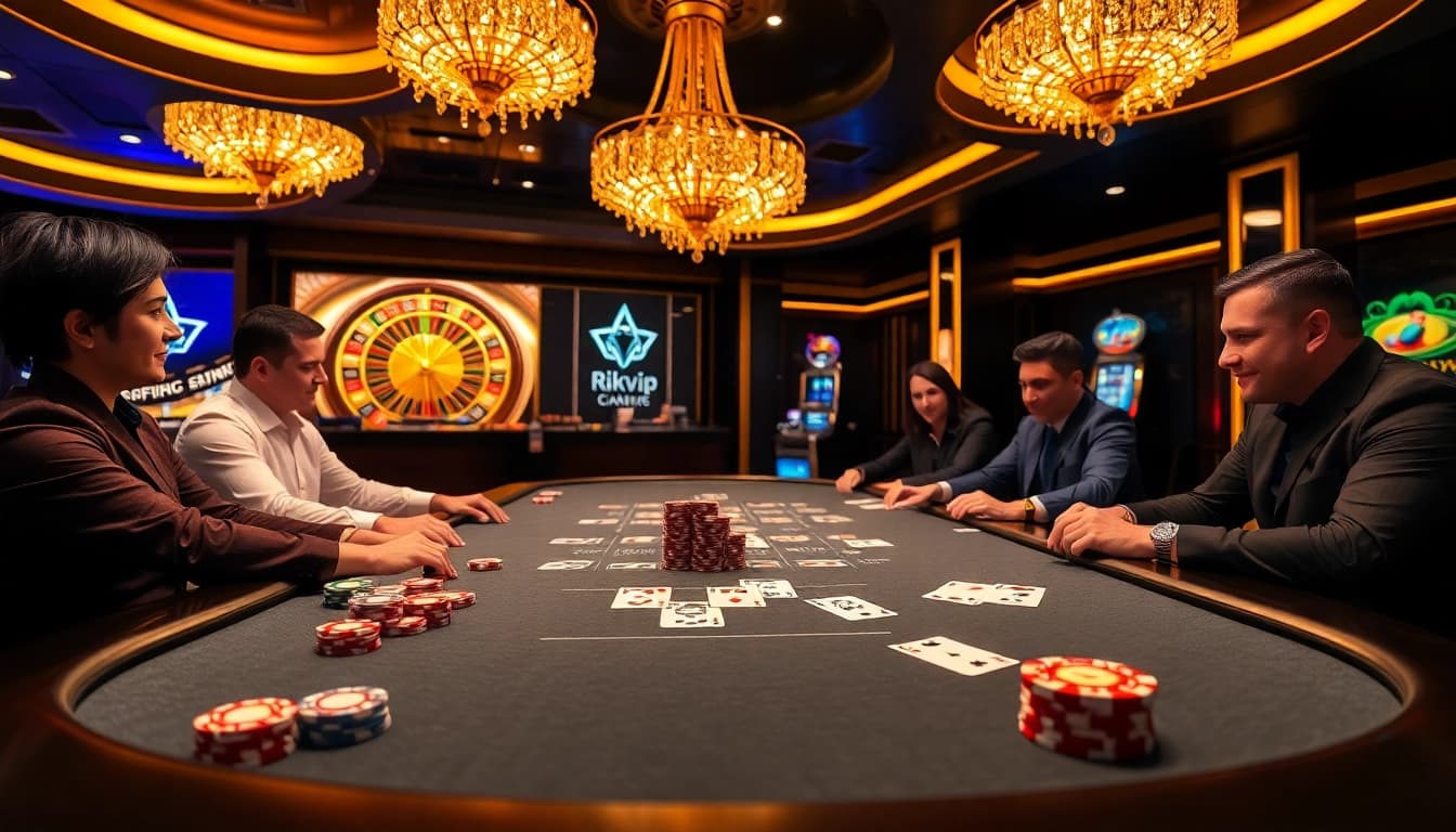 Rikvip players enjoying a high-stakes poker game at an elegant casino table.