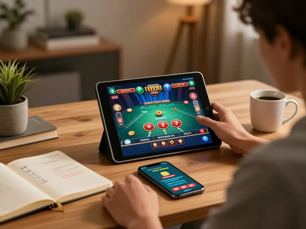 Sky88 player enjoying an online casino game on a tablet, showcasing strategic gameplay and a cozy atmosphere.