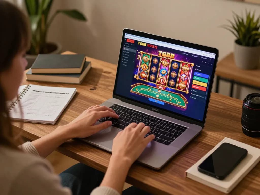 Player using TG88 casino app on laptop for online gaming strategy in a cozy home setting