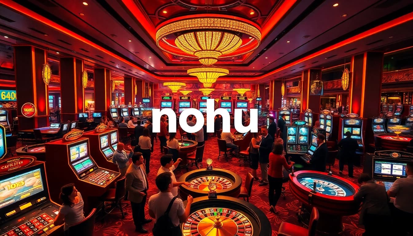 NoHu casino scene showcasing players winning at vibrant slot machines and enjoying poker tables.