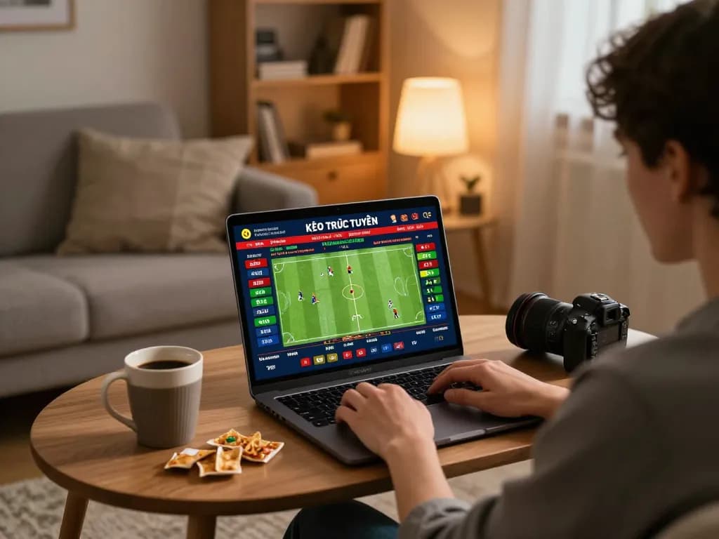 KÈO TRỰC TUYẾN betting session at home, with user engaging on live football betting interface on laptop