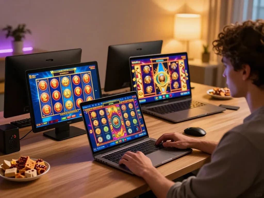 Player spinning colorful slot reels on a laptop in a cozy gaming setup