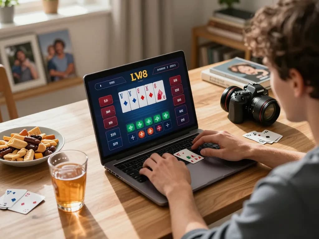 Engaging player using LV88 for poker on laptop amid snacks during a cozy home gaming session.