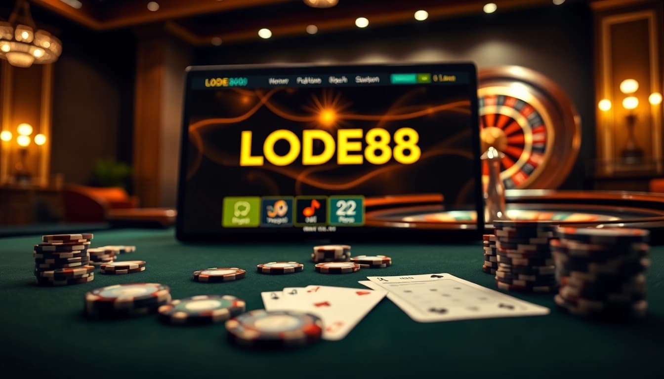 Experience high-stakes excitement at LODE88 with vibrant casino elements and digital betting interfaces.