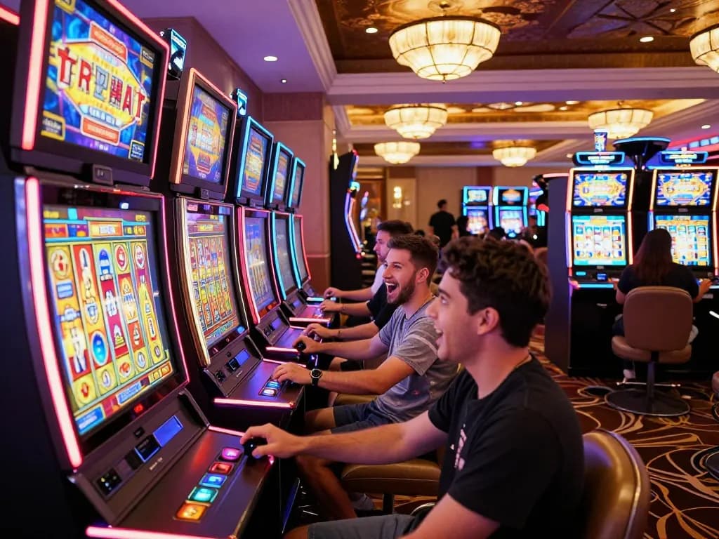 Players enjoying exciting moments at Tempo123 slot machines in a vibrant casino