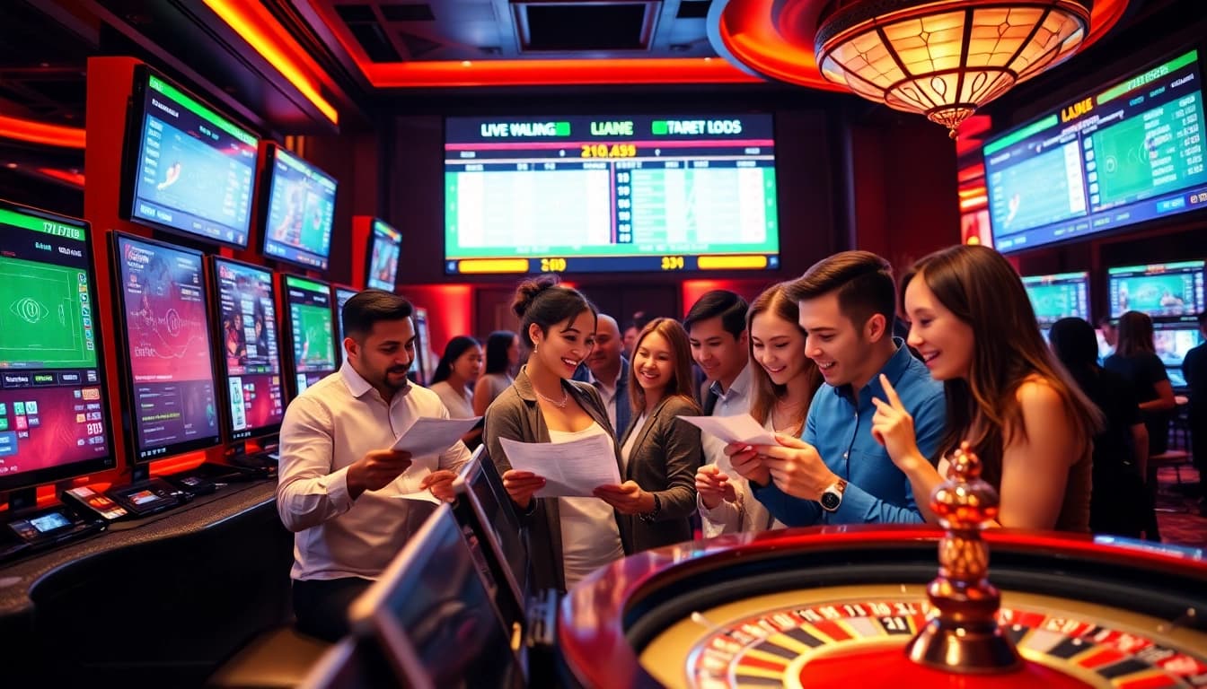 Agen Judi Bola bettors enthusiastically wagering in a luxurious casino atmosphere, enhancing excitement.