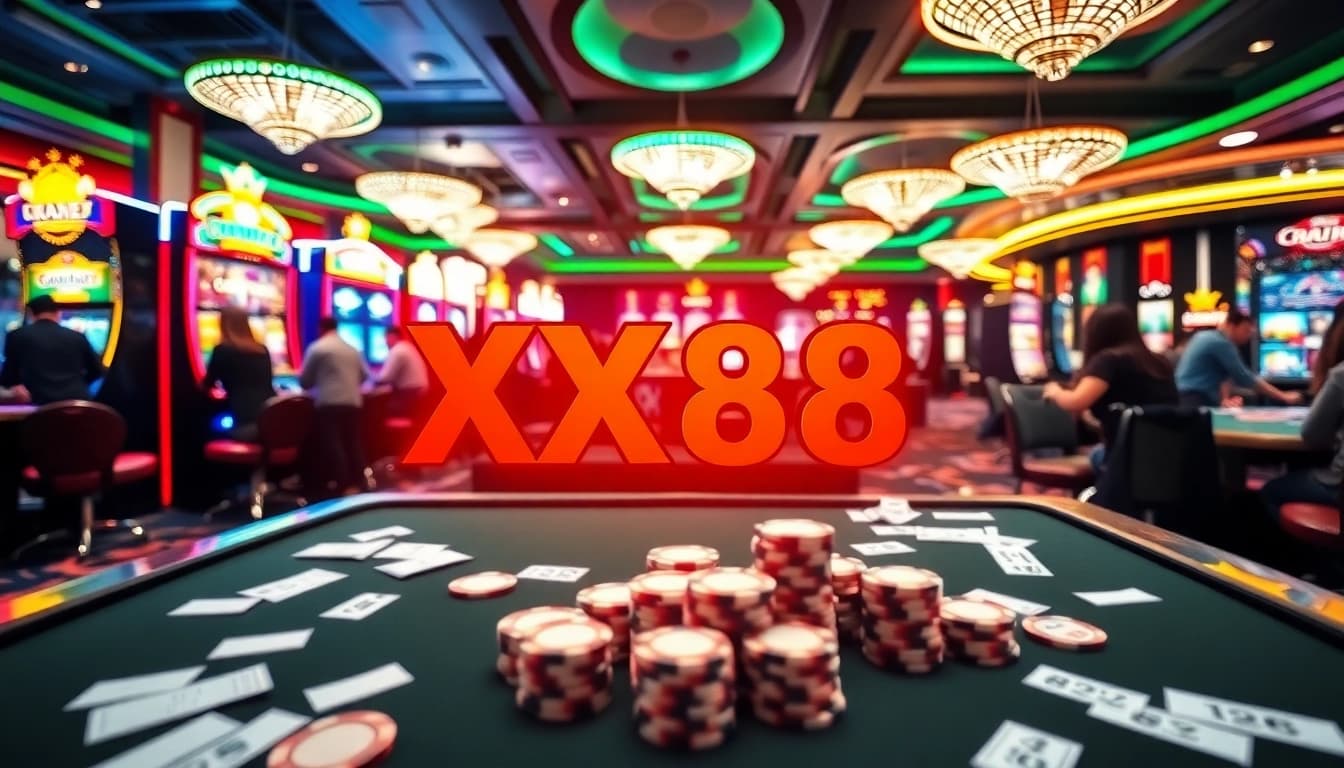 Engage with the thrilling ambiance of XX88 casino featuring vibrant slot machines and poker tables.