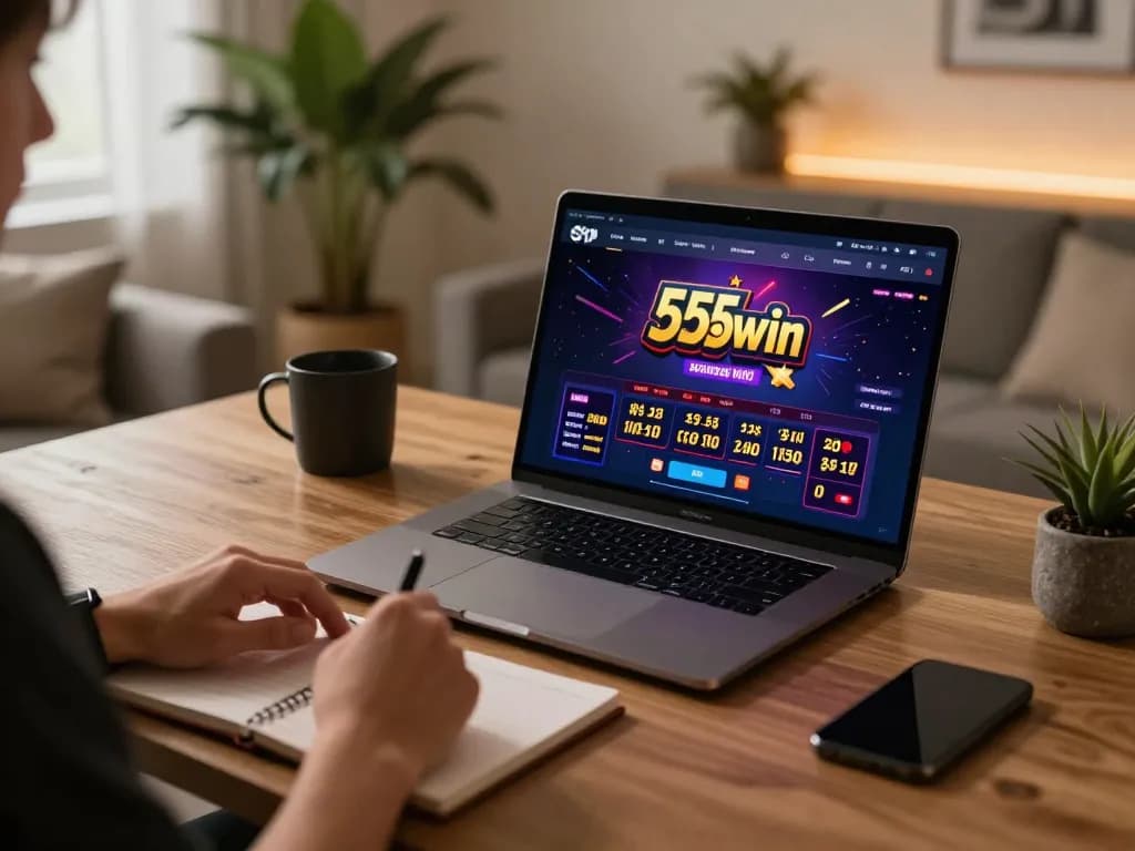 Engaging online betting experience at 555win, showcasing a modern gaming setup with strategic notes