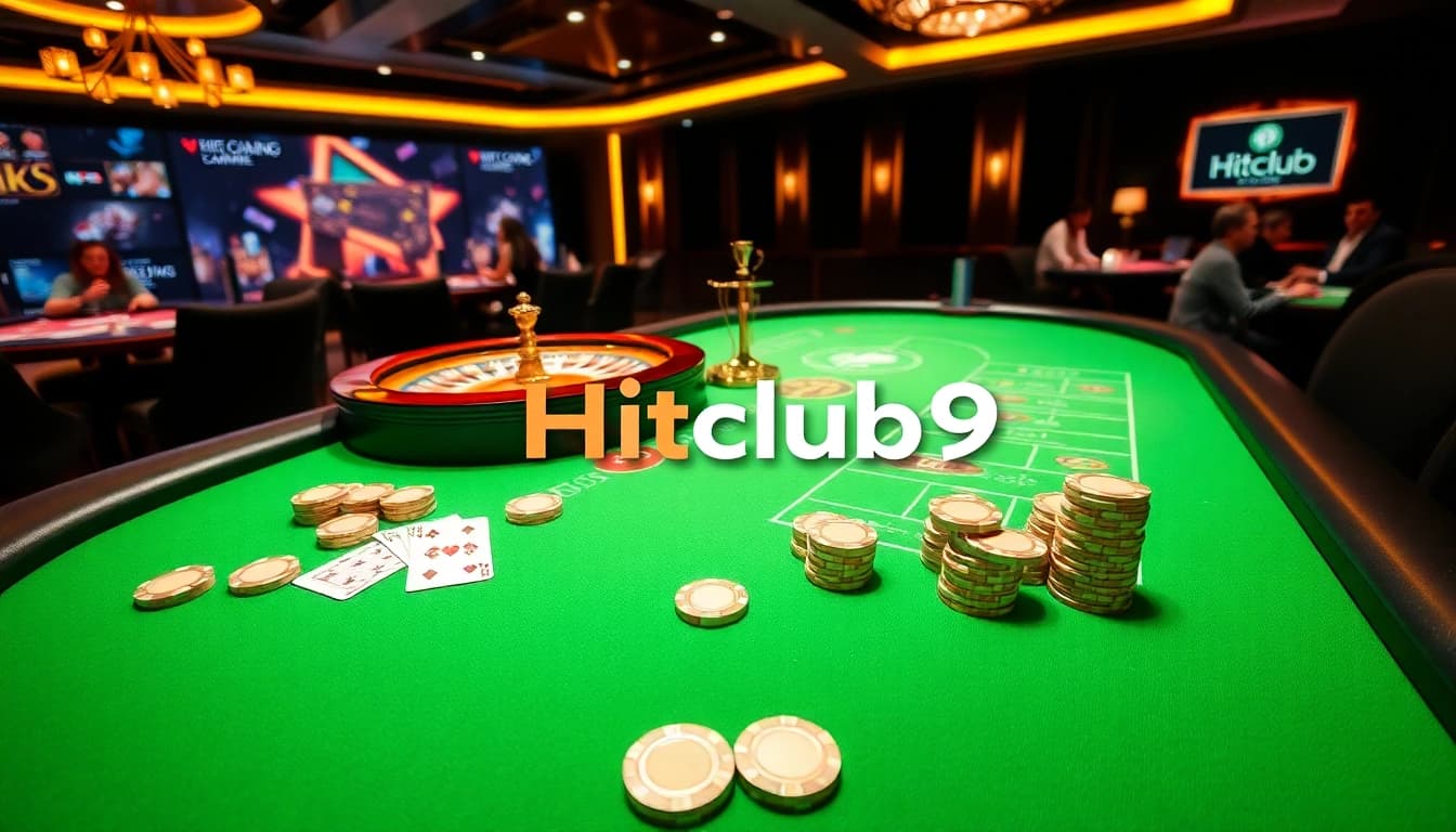 Hitclub9 showcases an exciting casino atmosphere with vivid gaming tables and poker chips.