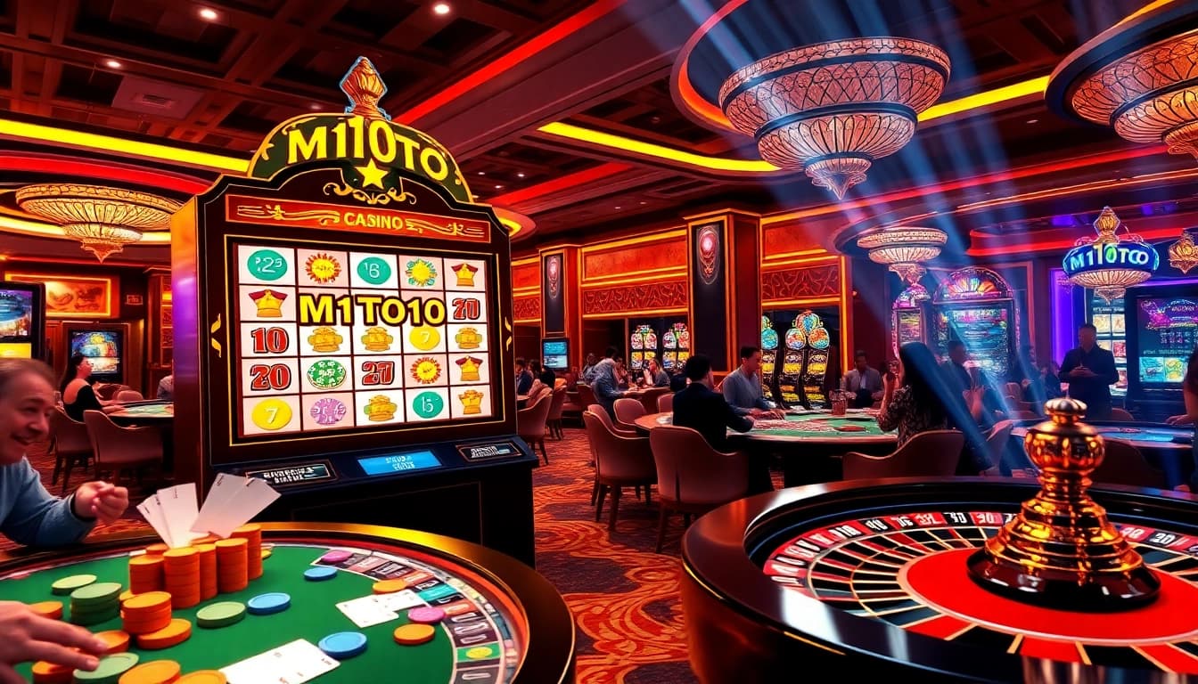 Pemain M1TOTO menikmati permainan slot yang mendebarkan di meja kasino yang penuh warna dengan tumpukan chip.