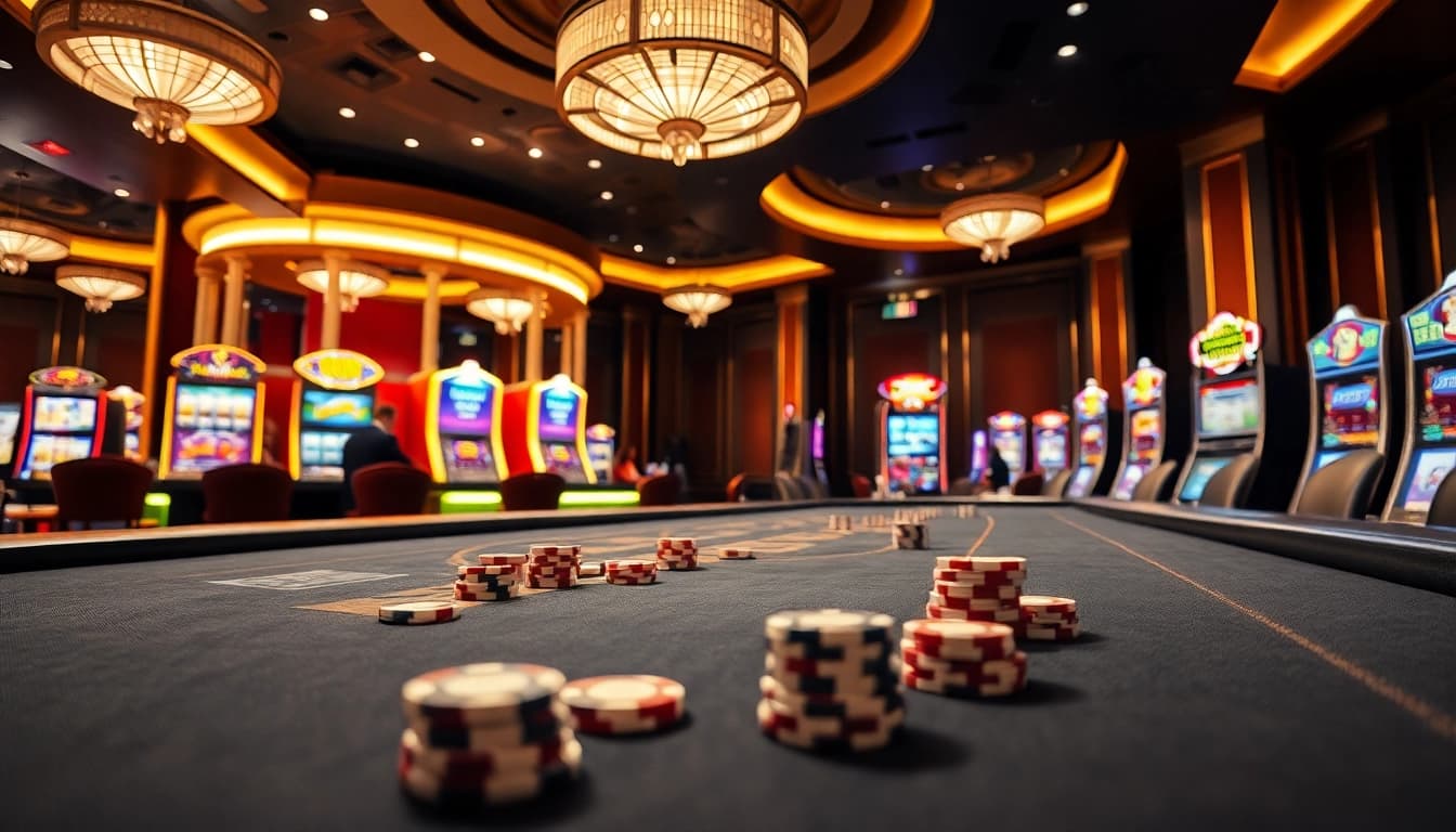 Experience the thrilling atmosphere at Xin88 with vibrant casino tables and luxury gaming elements.