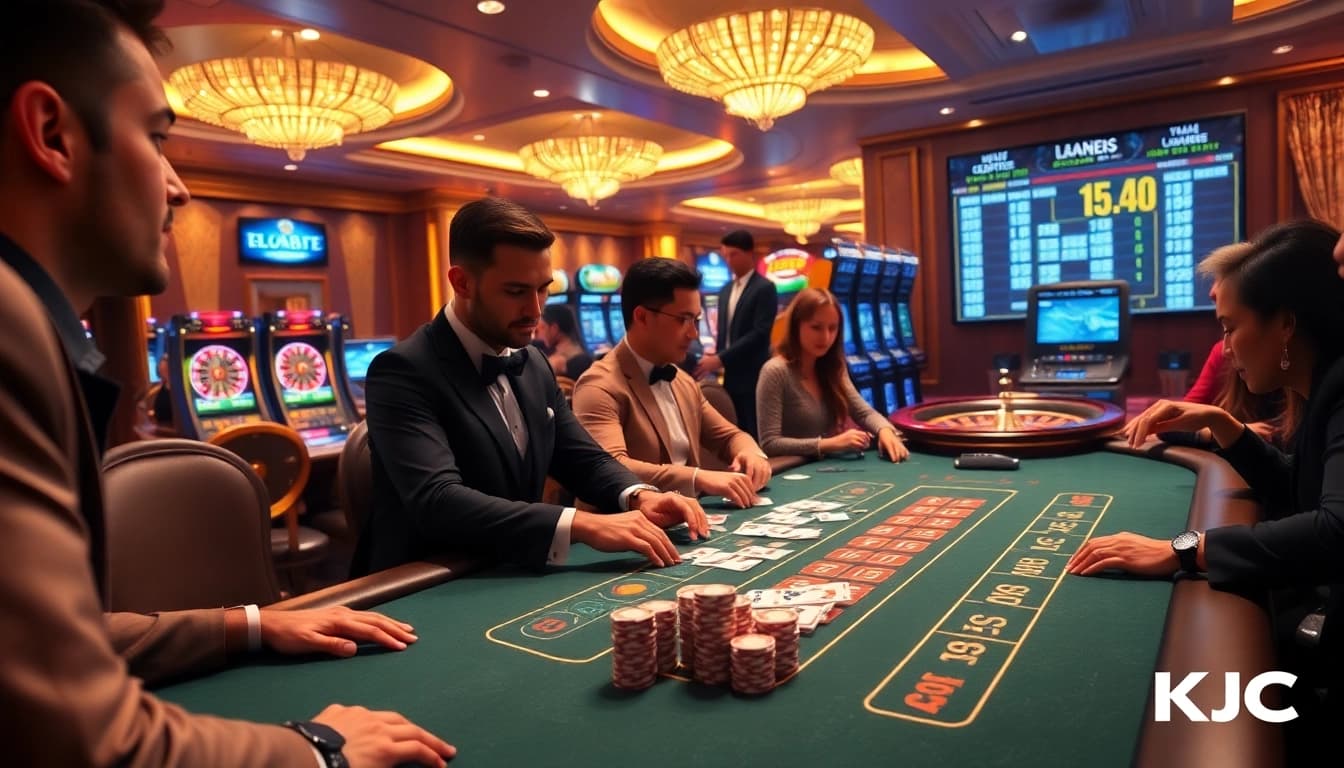 KJC players intensely strategizing at a luxury blackjack table in a vibrant casino environment.