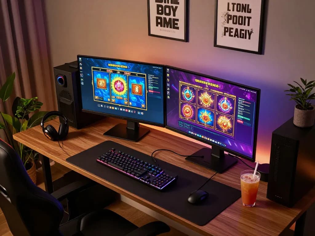 Online gaming scene at btopcshop with dual monitors showcasing vibrant slots in an elegant home setup.