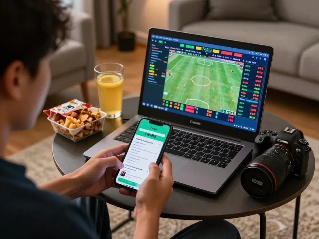 Exciting online betting experience with Five88 app on laptop and smartphone in an inviting home setting