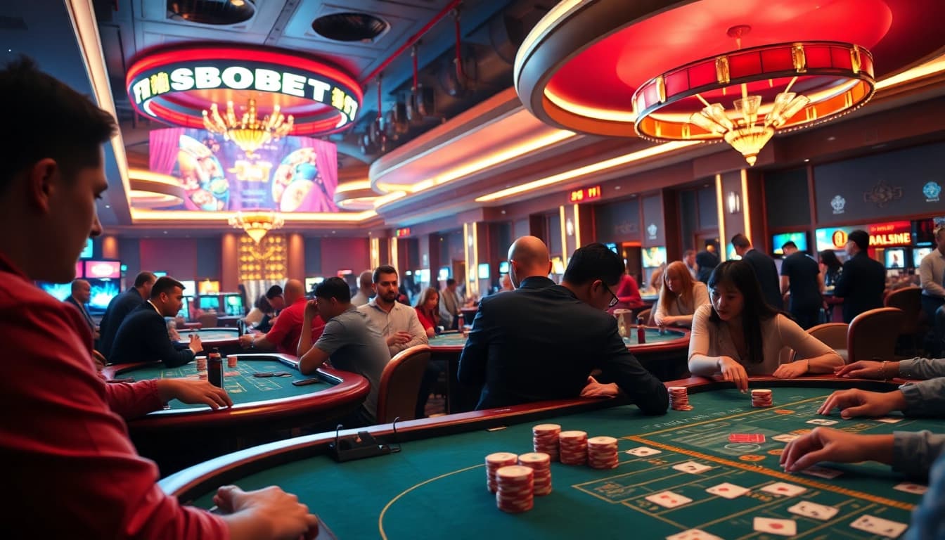 Permainan poker di kasino SBOBET yang penuh warna dan atmosfer ceria.