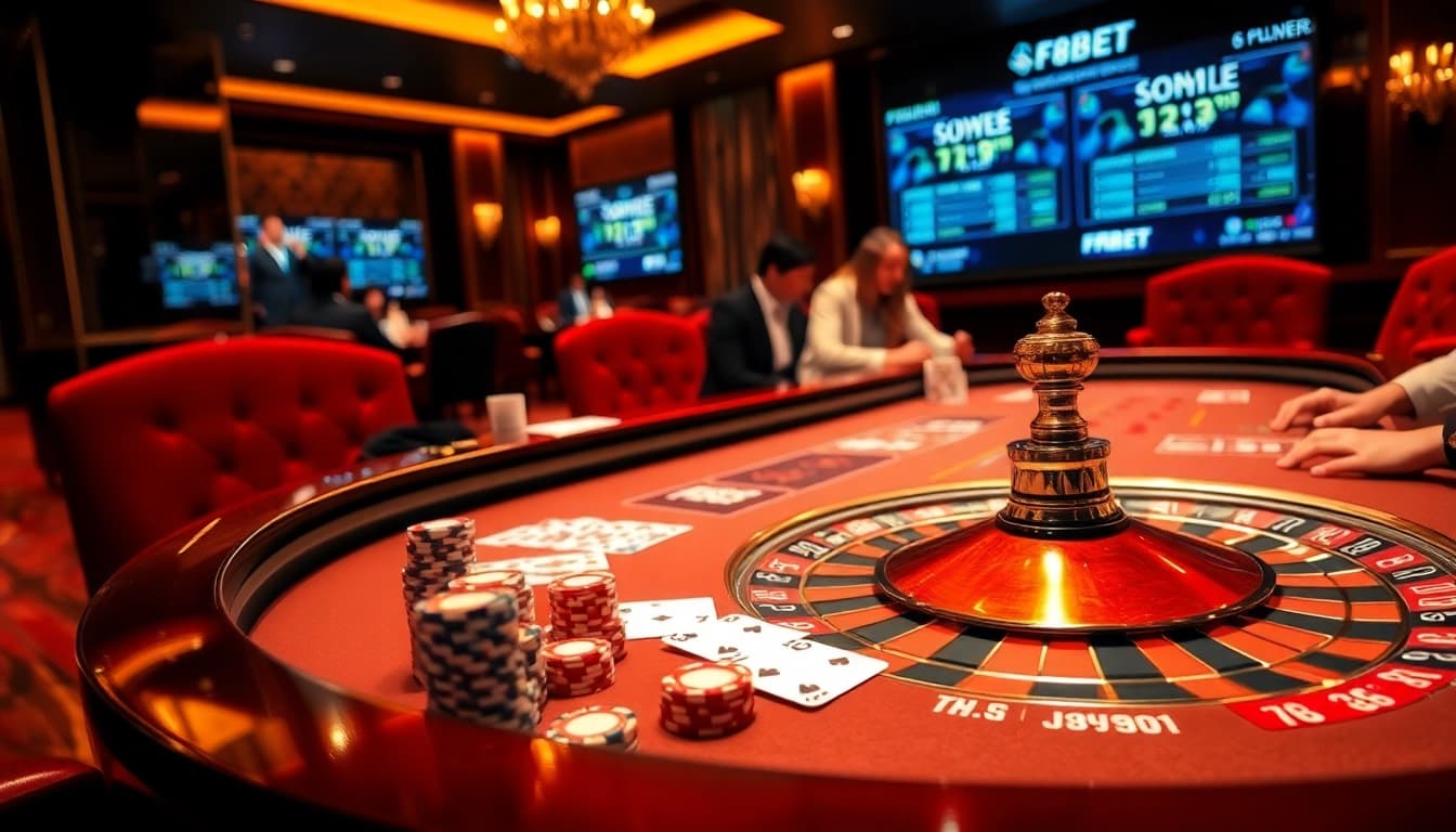 F8BET gamblers strategizing at an upscale poker table with vibrant chips and cards.