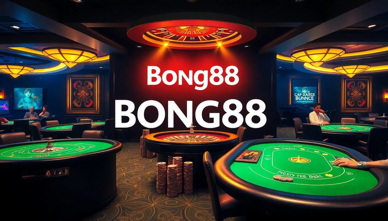 Thrilling casino action at Bong88 with players engaged in high-stakes games and vibrant casino elements.
