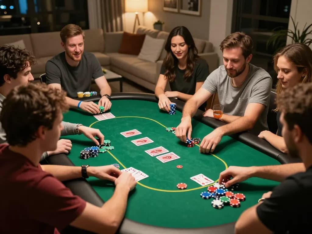Players enjoying an exciting poker game at home, showcasing tg88 gaming strategies in a friendly atmosphere