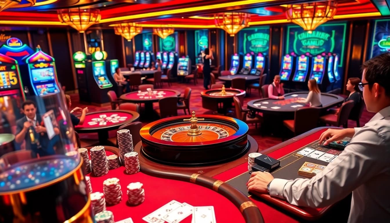 Engage in thrilling keo nha cai gameplay at a luxurious casino with vibrant tables and dynamic ambiance.