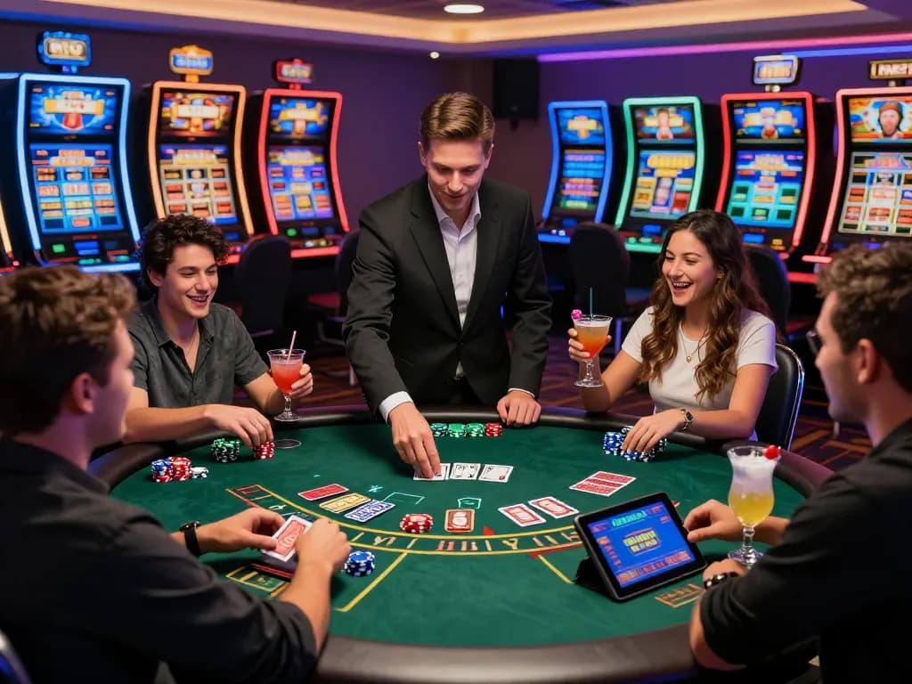 Casino wild sultan gamers enjoying blackjack with live dealer in vibrant atmosphere, featuring colorful chips, engaging technology, and lively interactions.