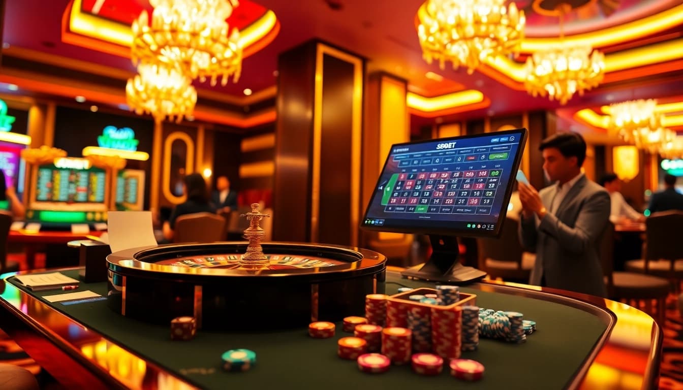 SBOBET gambling experience with vibrant gaming tables and betting slips in a luxurious casino setting.