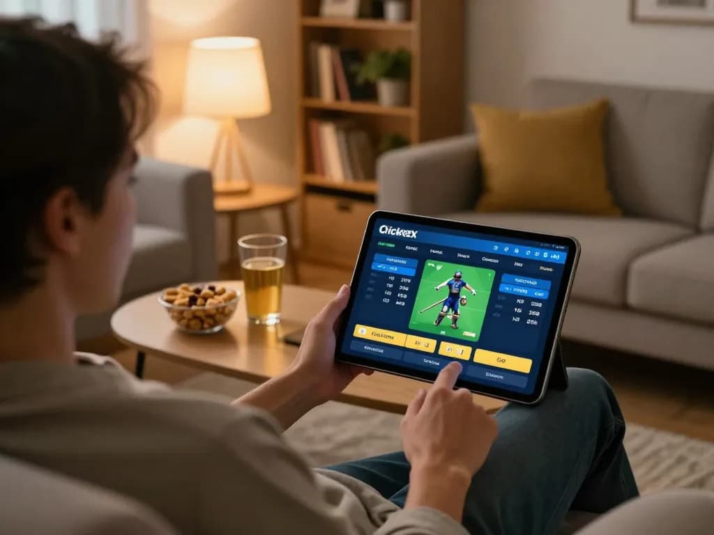 Engaging in cricket betting through the Crickex app, showcasing live odds on a tablet during a relaxed home setting.