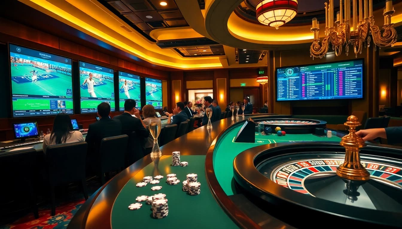 Action-packed sports betting scene highlighting Agen Judi Bola with live matches and enthusiastic bettors.