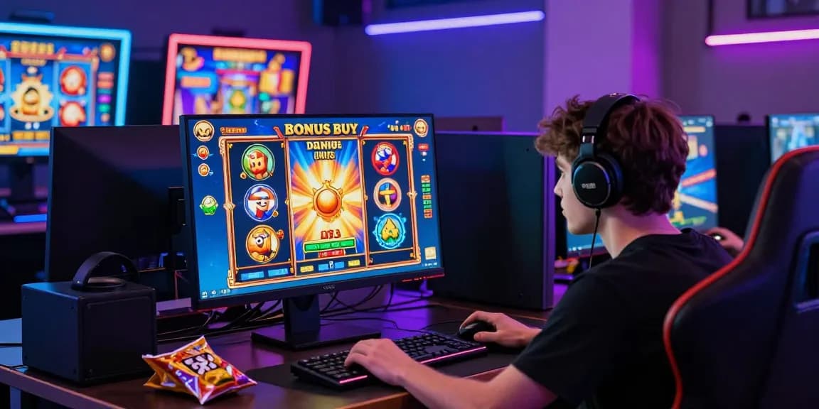 Player enjoying bonus buy slots in a vibrant gaming setup with animated visuals and accessories.