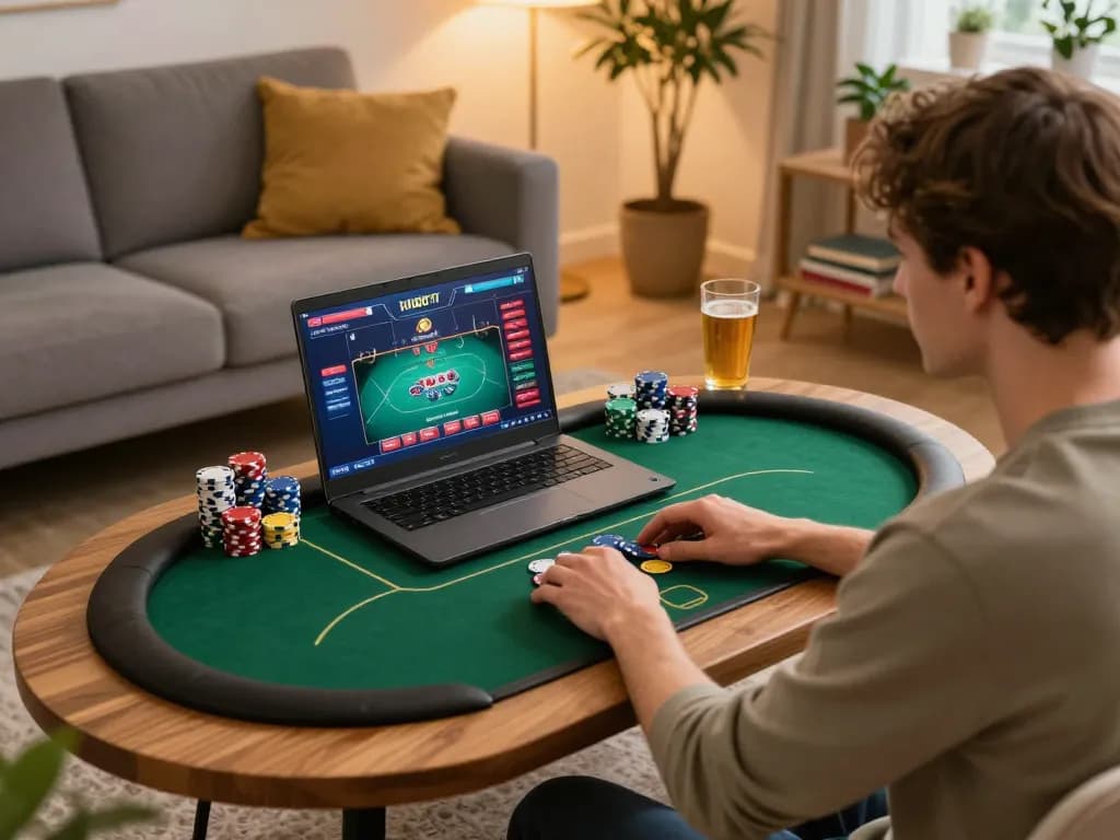 Engaging in a live poker game on UK88 from a cozy home office, enhancing online gaming experience.