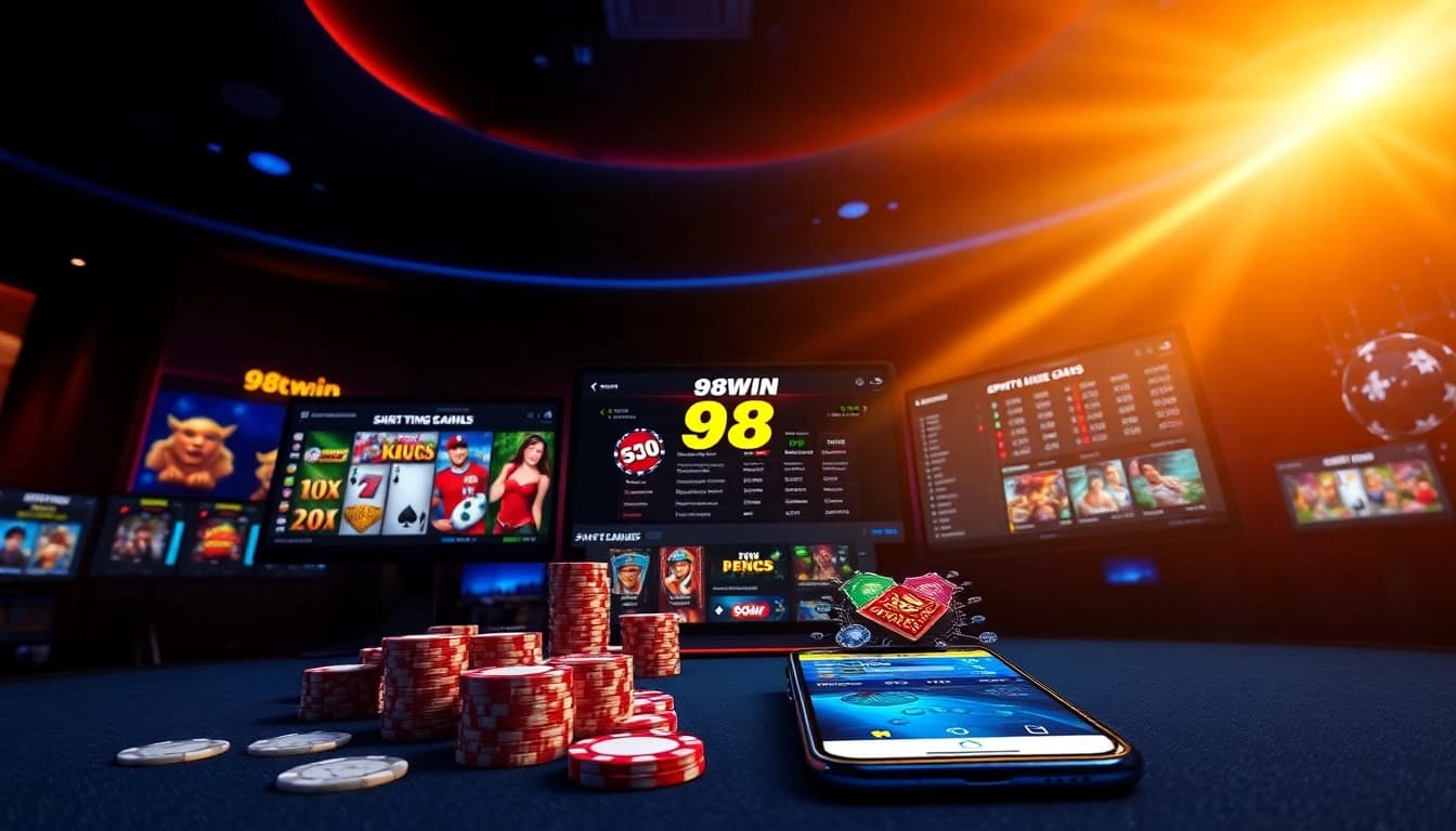 Online betting interface showcasing 98win with games and sports options in a luxurious setting.